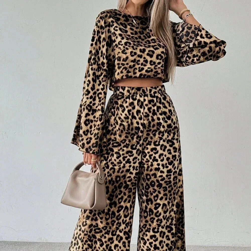 Multicolor Casual Women's Leopard Print Crew Neck Crop Top & Wide Leg Pants Set